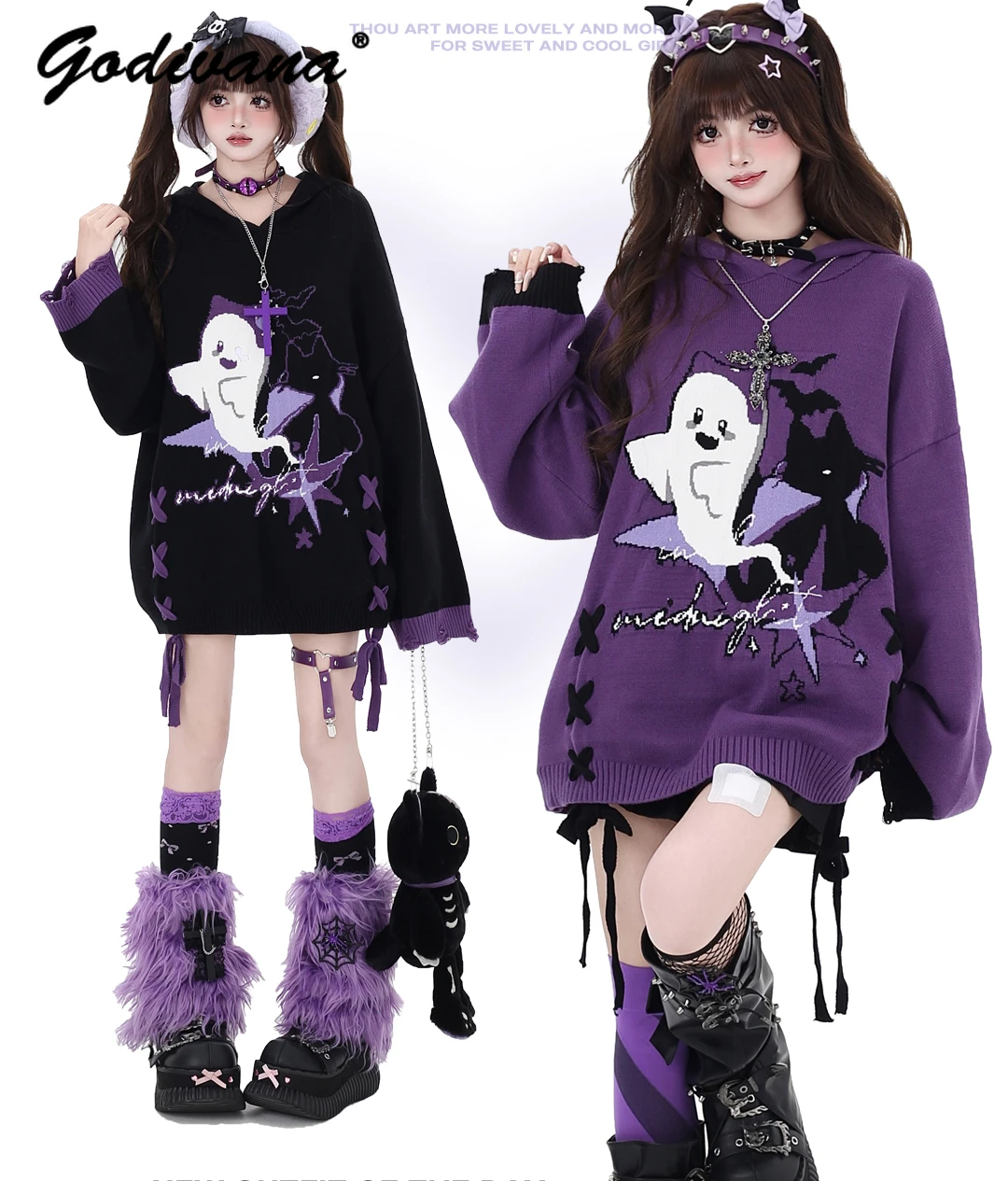 Halloween Little Ghost Subculture Black and Purple Contrast Color Straps Loose Sweater Knitted Top Autumn Winter Girls Knitwear