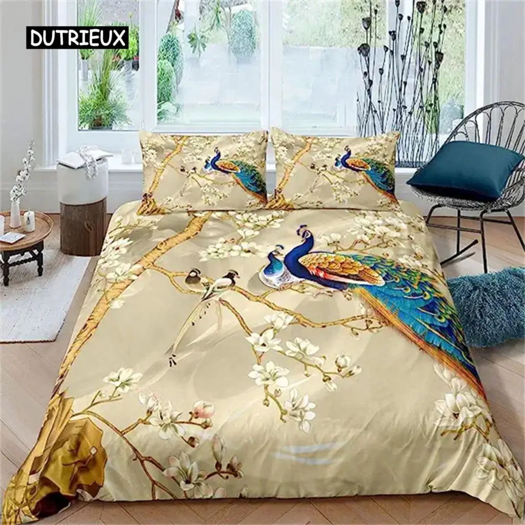 

Luxury Golden Duvet Cover Peacock Comforter Cover Peacock With Floral Bedding Set For Adults Girls Animals Botanical Bedspread