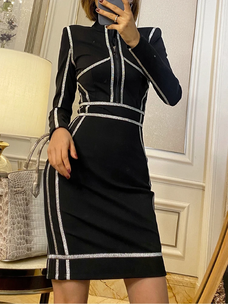 TWOTWINSTYLE Hit Color Slimming Chic Dress For Women Stand Collar Long Sleeve High Waist  Temperament Mini Dress Female Fashion