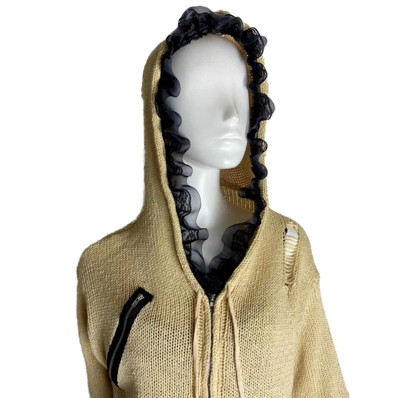 50LE Women Dark Gothic Hooded Sweater Coat Harajuku Ripped Holes Ruffle Lace Trim Zip Up Knit for Jacket Cardigan Short Outwe