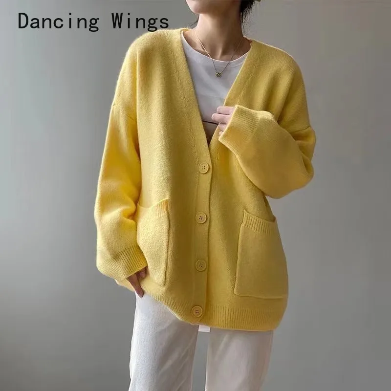 

Solid Soft Knitted Cardigan Sweater Women Oversized Casual V-Neck Long Sleeve Coats Elegant Temperament Warm Jumper