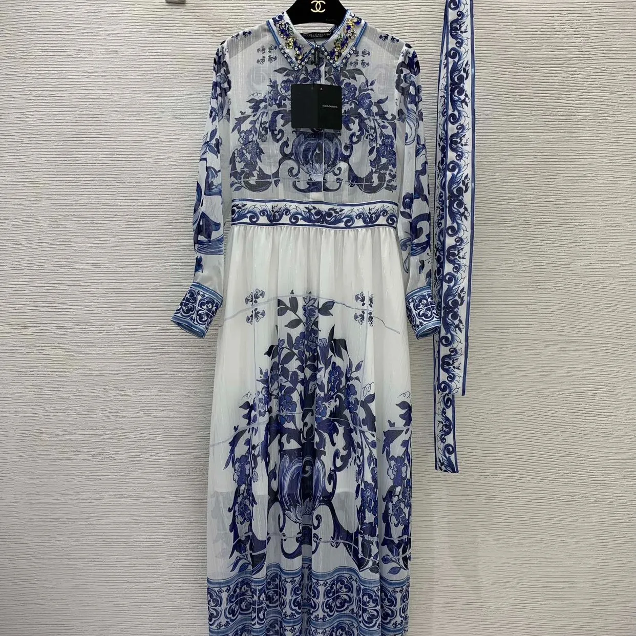 Retro Vaion Long Sve blauw en wit porseleinen print maxi rok zware versiering zilveren Tead jurk Ele Lady Sle