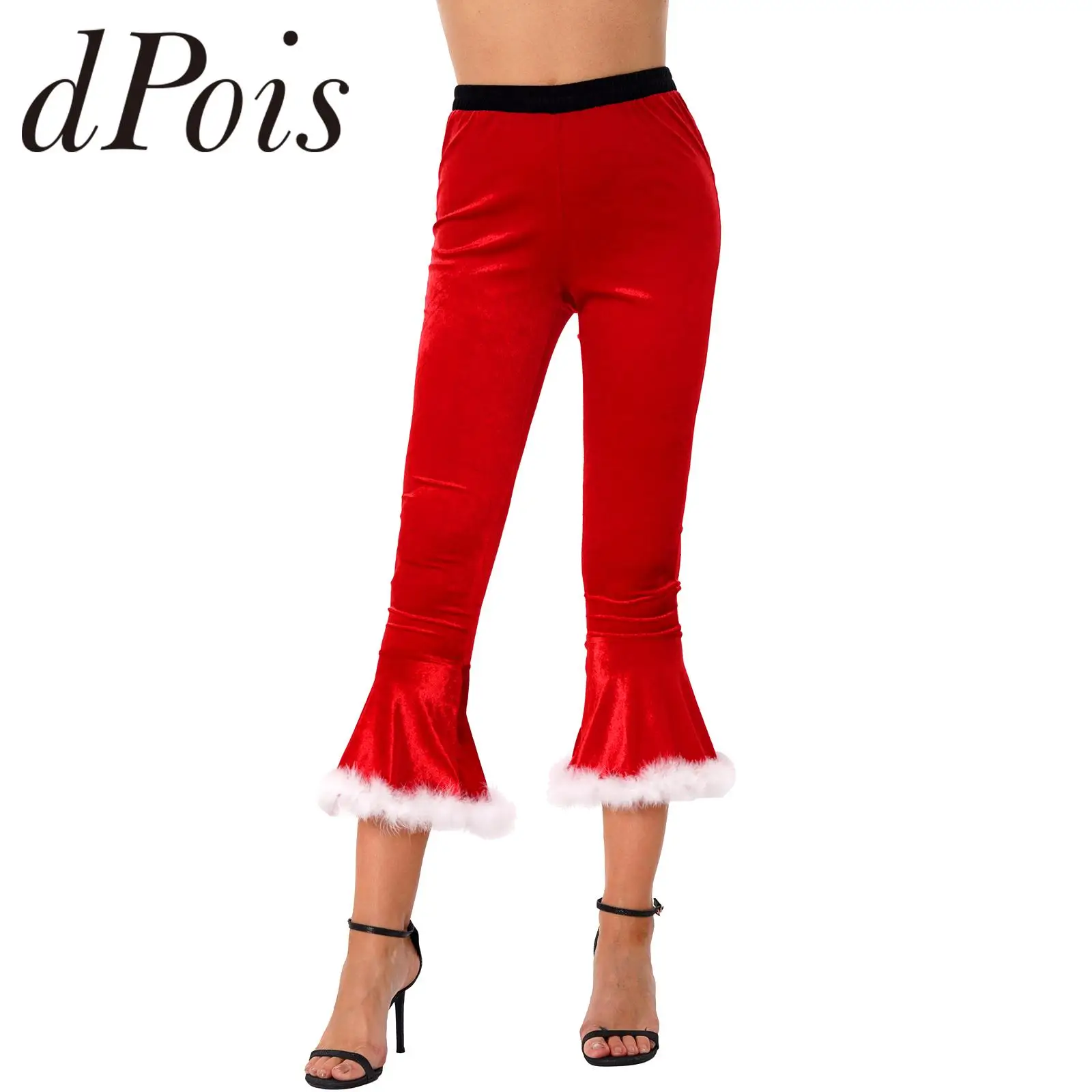 Womens Mrs Santa Red Velvet Pants Christmas Costume Elastic Waistband Faux Fur Flared Pants Bell Bottoms for Xmas New Year Party