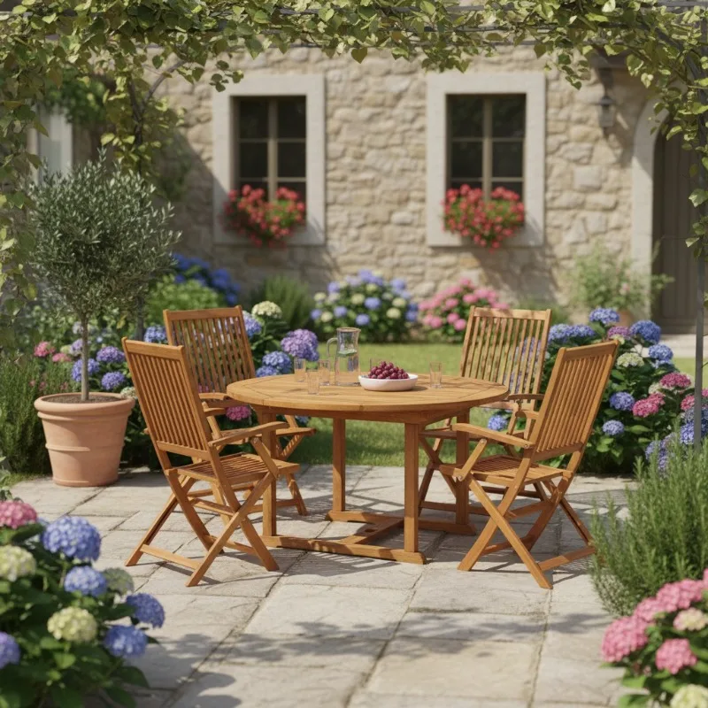 Ensemble de 4 chaises à dossier haut réglables en bois d'acacia massif avec coussins inclus, structure robuste et finition élégante pour les repas et le repos sur les terrasses, patios et zones extérieures bien entretenues du jardin.