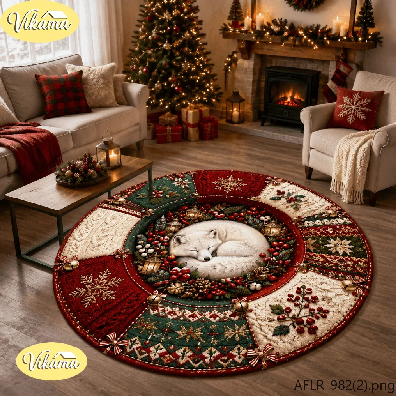VIKAMA Snow & Snowflake Christmas Flannel Round Rug, Non-Slip Washable Xmas Mat for Living Room Bedroom Nursery Kids Room