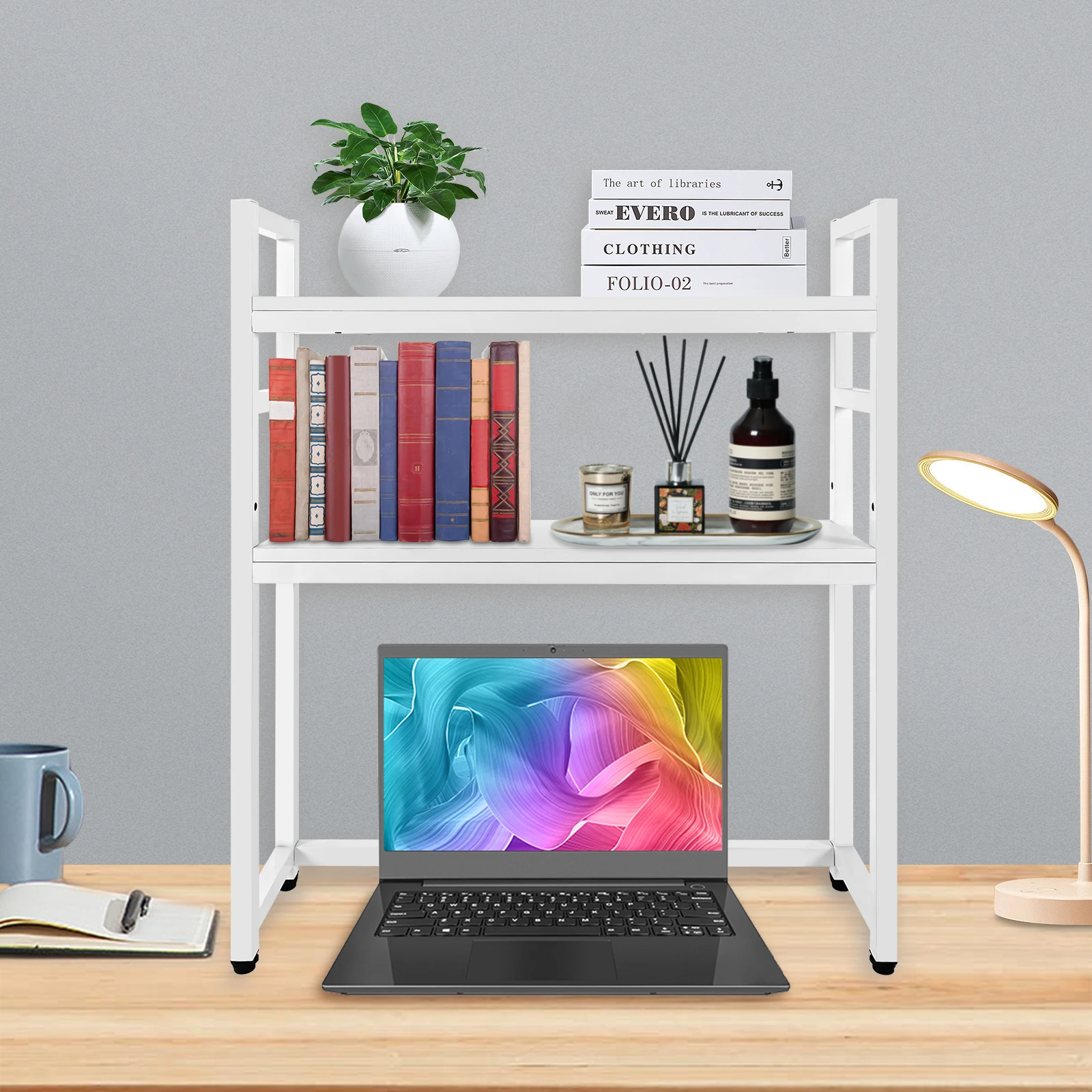 2-Tier Computer Desktop Bookcase Multipurpose Countertop Hutch Display Shelf Modern Book Holder in Bedroom Living Room Office