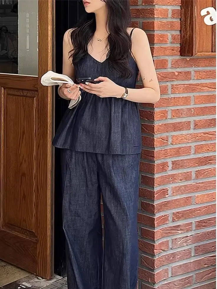 Chic Summer New Anti-Aging Faux Denim Strap Vest Casual Versatile Elastic Waist Straight Leg Pants Set Trendy Women's Fashion