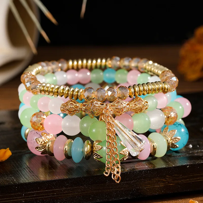 Multi-Layer Beaded Bracelet Set for Women – Elastic Stretch Glass Beads Jewelry, Floral Metal Spacer Hand Chain, 4-Piece