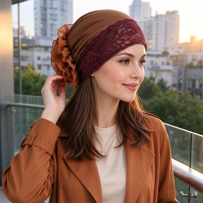 Muslim Women Lace Chemo Cap Flower Bonnet Hijab Hat Beanies Stretch Undercarf Hair Loss Headscarf Head Wrap Turbante Mujer New