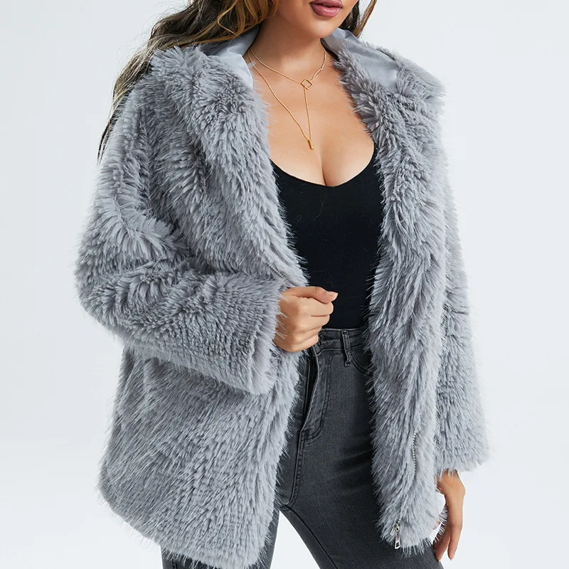 2024 Fashion faux fur coat Casual women faux fur hooded top Women fur coat