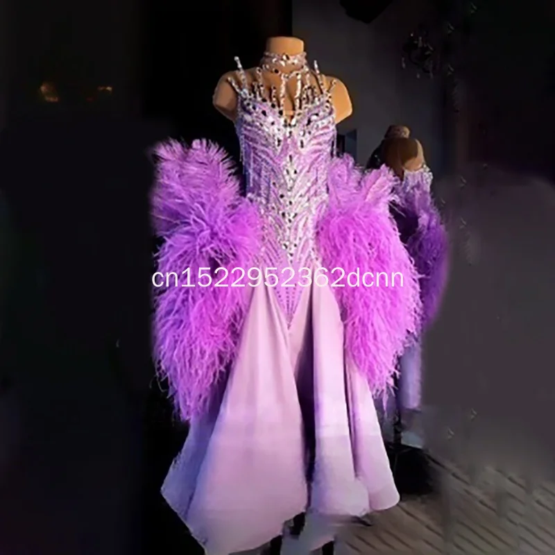 Danse de salon violet sexy sans manches dos nu professionnel robe gracieuse danseur vitalité adulte foxtrot plume style tenue