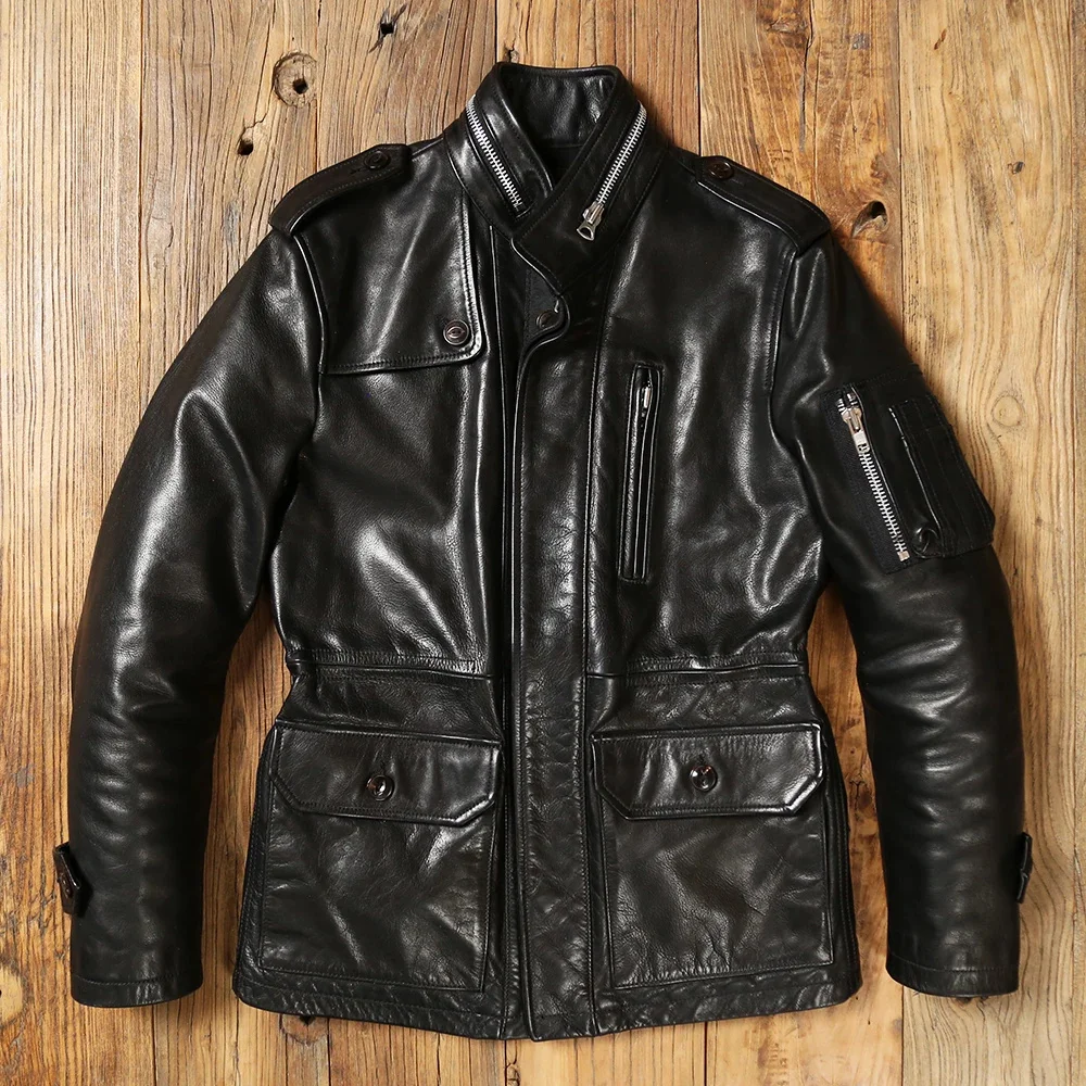 

shipping.Luxury Free quality winter heavy thick tanned cowhide jacket.Men safari style genuine leather coat.leather Trench