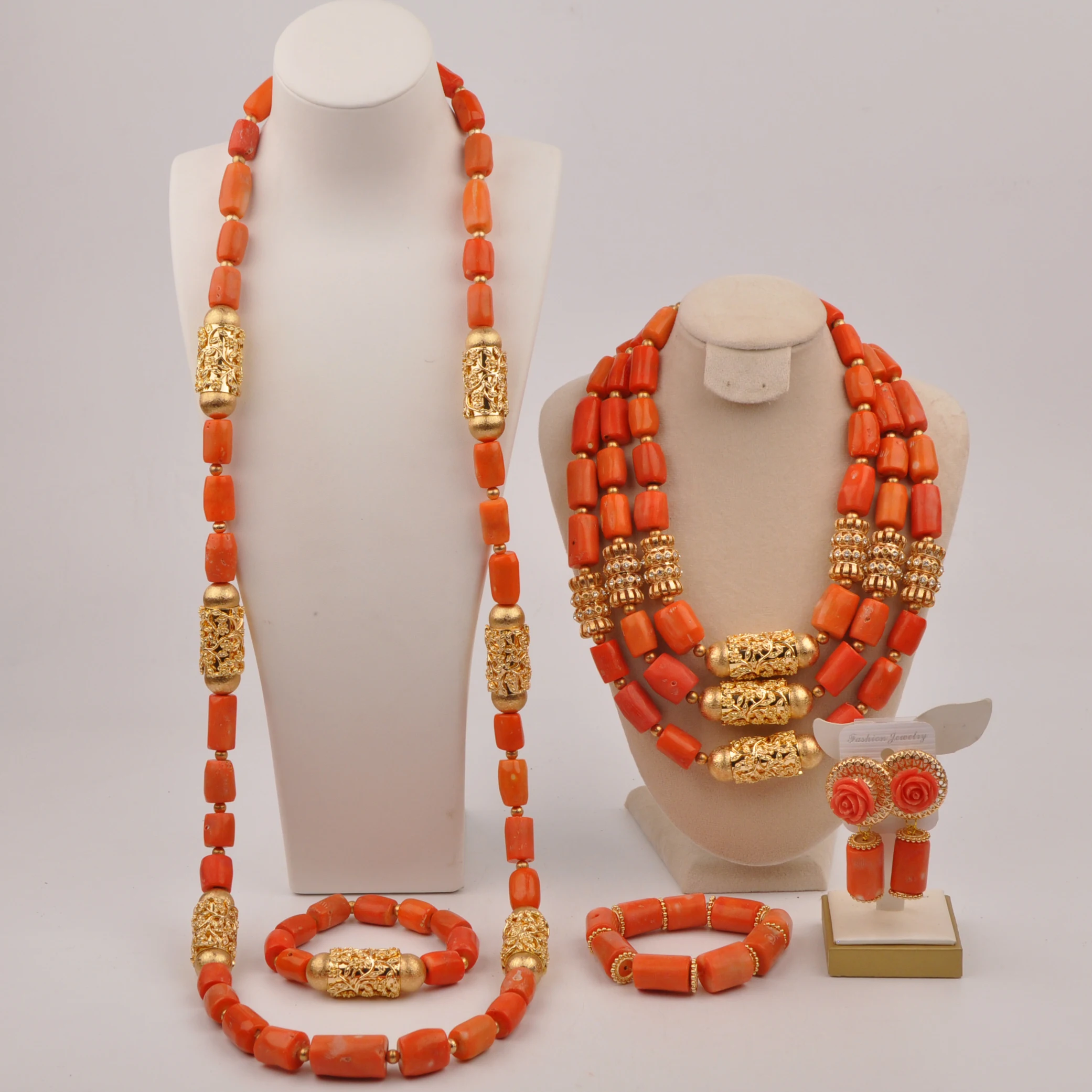 

African Bride Wedding Dress Groom Dress New Orange Natural Coral Couple Necklace Nigeria Wedding Jewelry Set SHXY-40