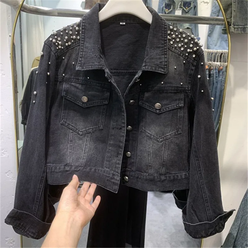 Vintage Beading Denim Jacket Women High-End Short Jean Coat Autumn New Long Sleeve Black Tops Female Loose Cowboy Outerwear T365