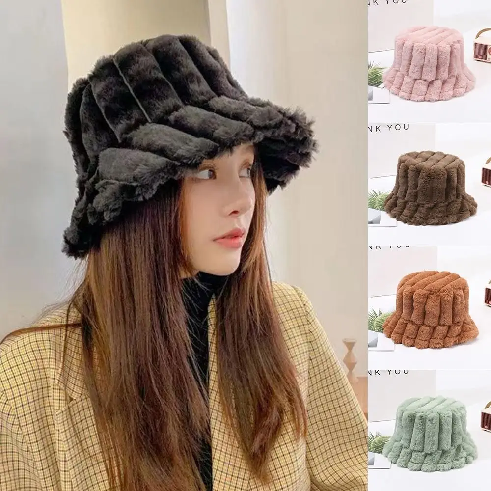

Cute Leather Label Fisherman Hat Plush Thickened Bucket Hat Warm Cold Resistant Panama Caps Summer