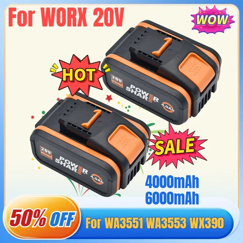 20V 4.0/6.0 Rechargeable Lithium Battery for Power Tools Suitable for Worx WA3553 35514 WA3551 WX390 Rechargeable Battery