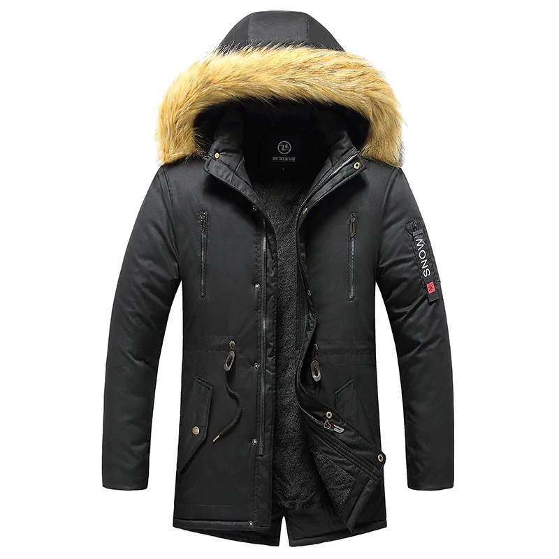 UETEEY Winter Fleece Parka Men Plush Jacket Lined Thick Warm Fur Collar 2023 Hooded Windproof Work Outwearing Black Padded Coat