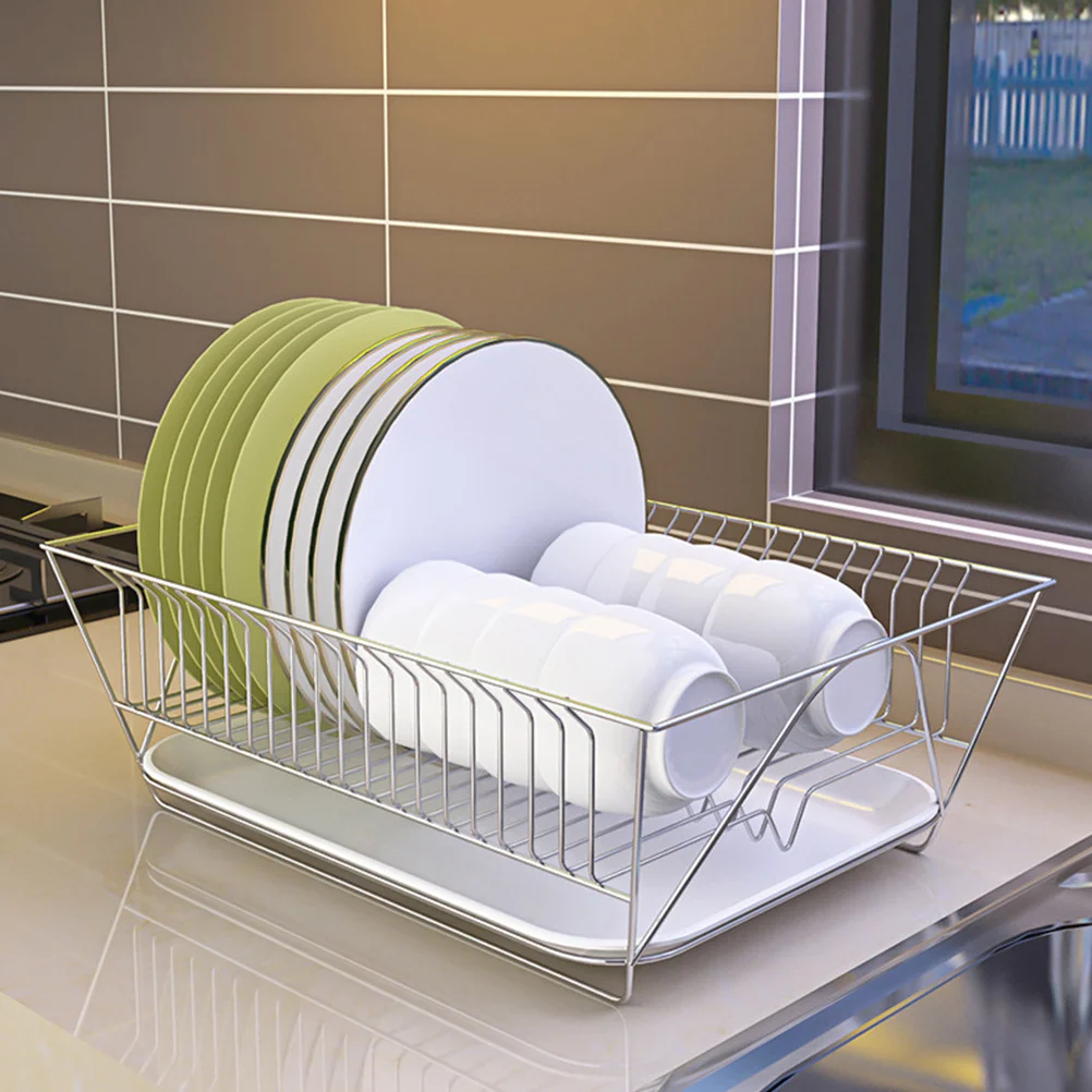 

Stainless Steel Kitchen Storage Rack Dish Drying Rack Tableware Draining Holder with Removable Water Tray and Storage