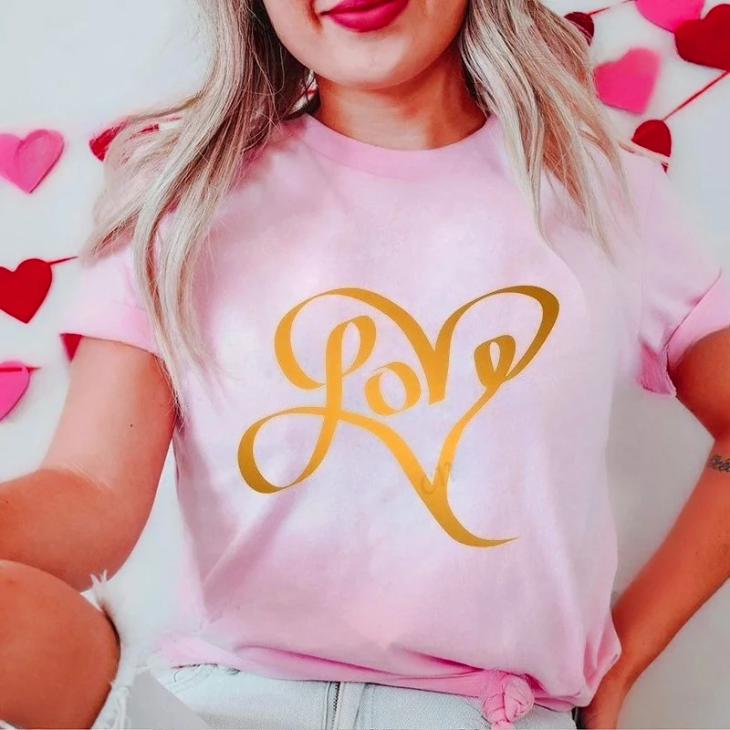 New Women's T-Shirts Clothing Valentine Leopard Love Heart Print Tees Breathable Tshirt Loose Top Harajuku Casual Short Sleeve