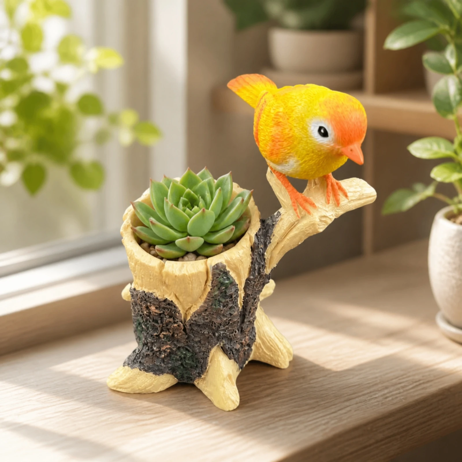 Tree Stump Planter with Bird Decorative Stump Flowerpot with Bird Figurine Rustic Bark Flower Pot Tabletop Rustic Wood Bark Pot