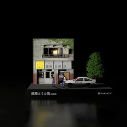 1:64 Diorama Car Garage Model LED Lighting Japanese City Tofu Shop Street View Backdrop Display With Acrylic Cover Figures Model