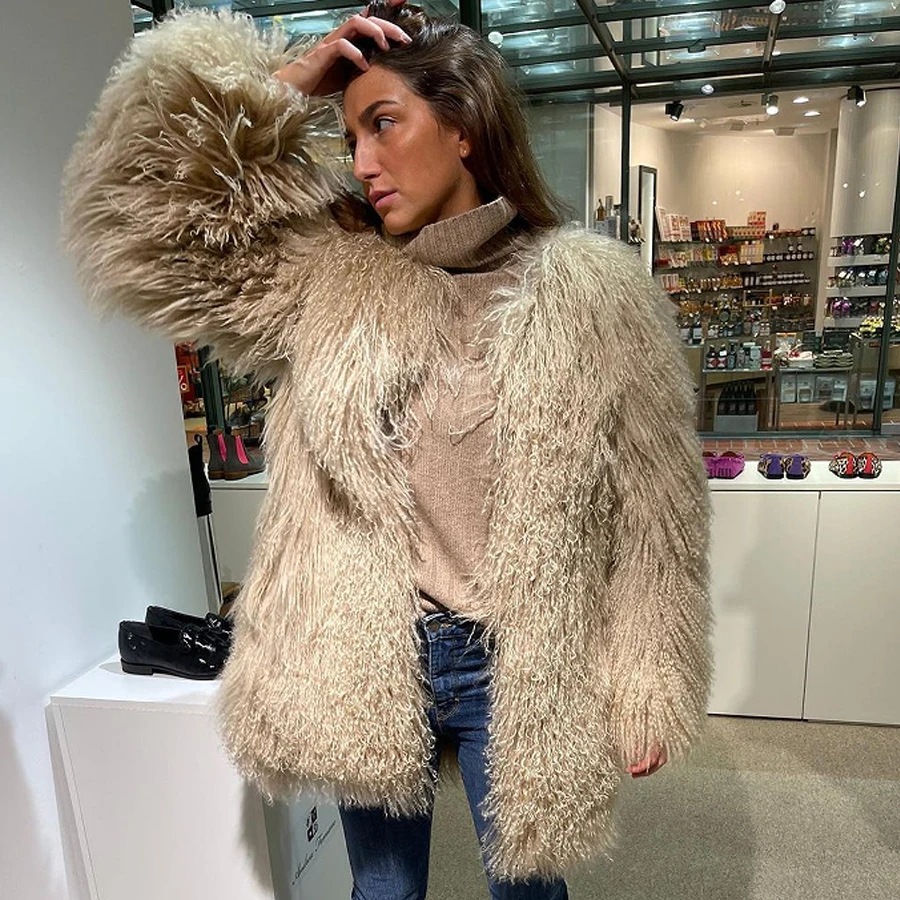 

Real Sheepskin Coats For Women Mongolian Lamb Fur Coat Mid-Length Luxury Brands Genuine Sheep Fur Coat