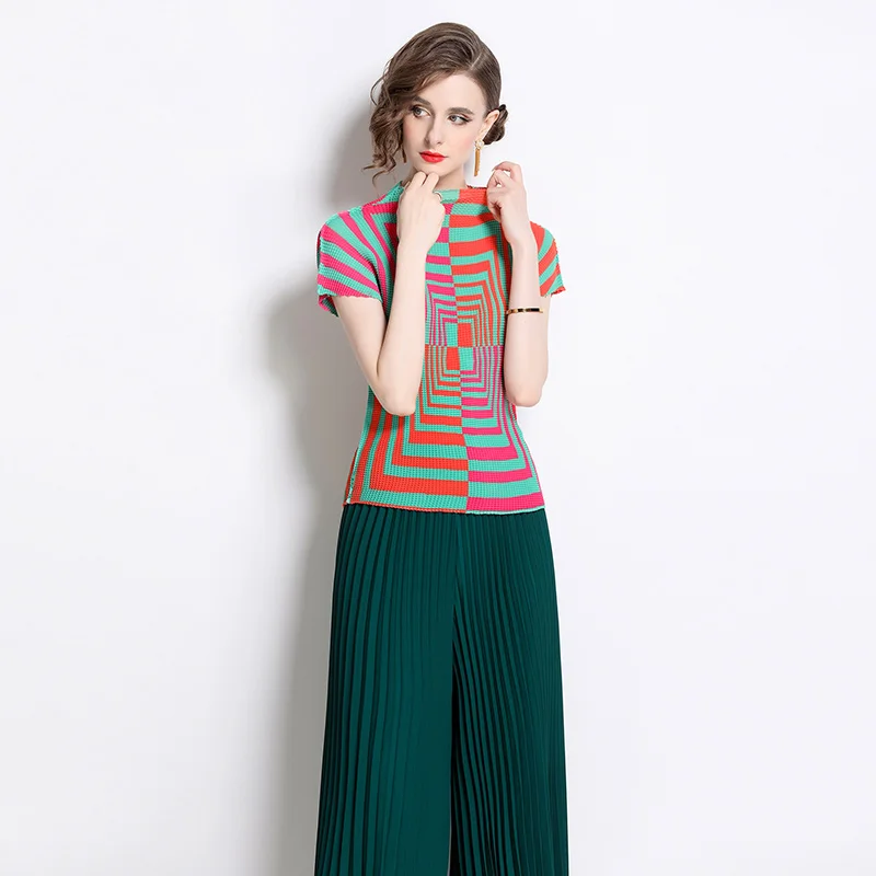 Miyake T-shirt New High-end Pleated Casual Printing Niche Loose Versatile Wide-leg Pants 2024 Summer Set Two Piece