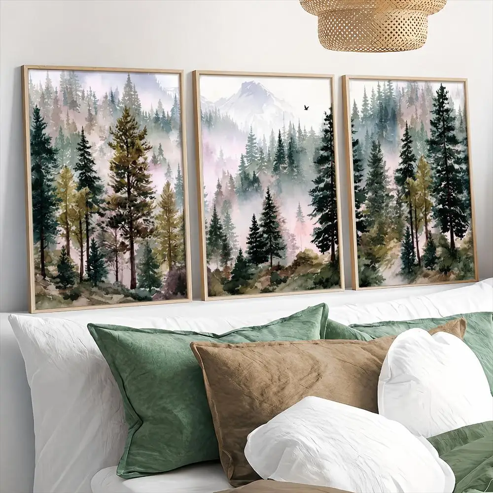 Watercolor Misty Pine Forest Mountain Painting Calligraphy 3 PCS Canvas Wall Art Prints for Living Room Decor Modern Wall Decals