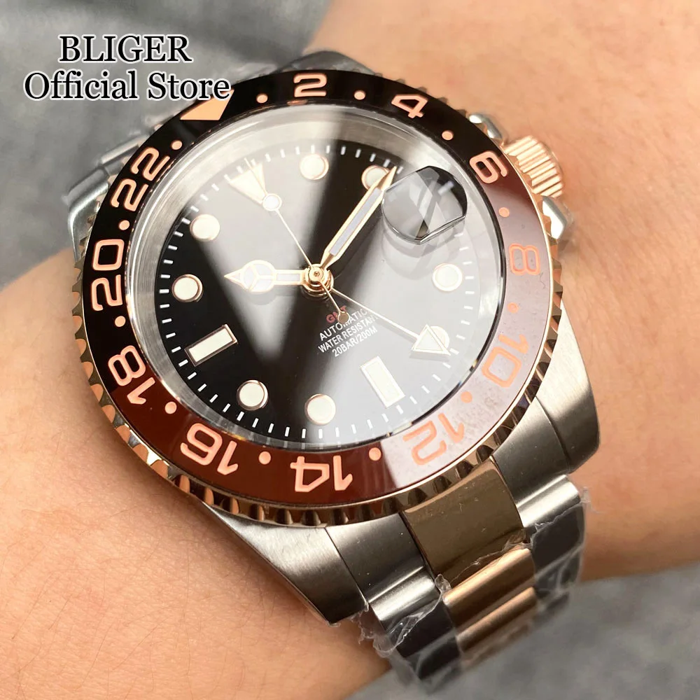 20ATM Waterproof 40mm Rose Gold NH34 GMT Automatic Watch For Men Steel Strap Ceramics Bezel Sapphire Glass Luminous