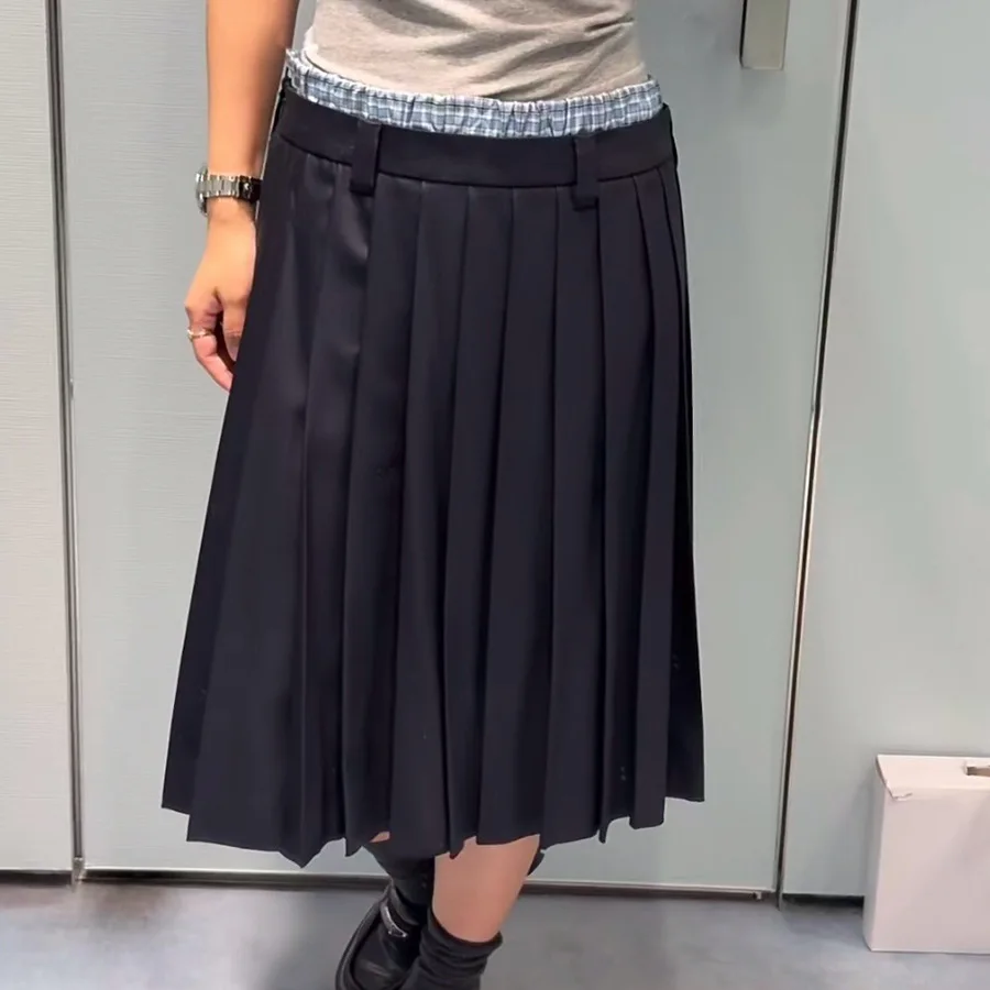 Blue patchwork faux two-piece mid-length half-skirt for women with low waisttrendy pleated skirt spring style