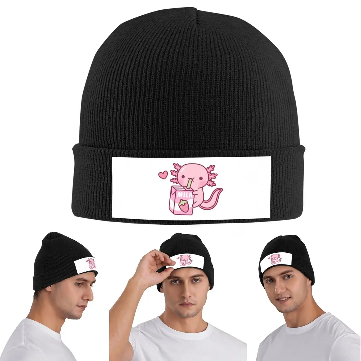 Cute Axolotl Loves Strawberry Milk Doodle Warm Knitted Cap Winter Knit Bonnet Hat Skullies Beanies Hip Hop Caps for Unisex