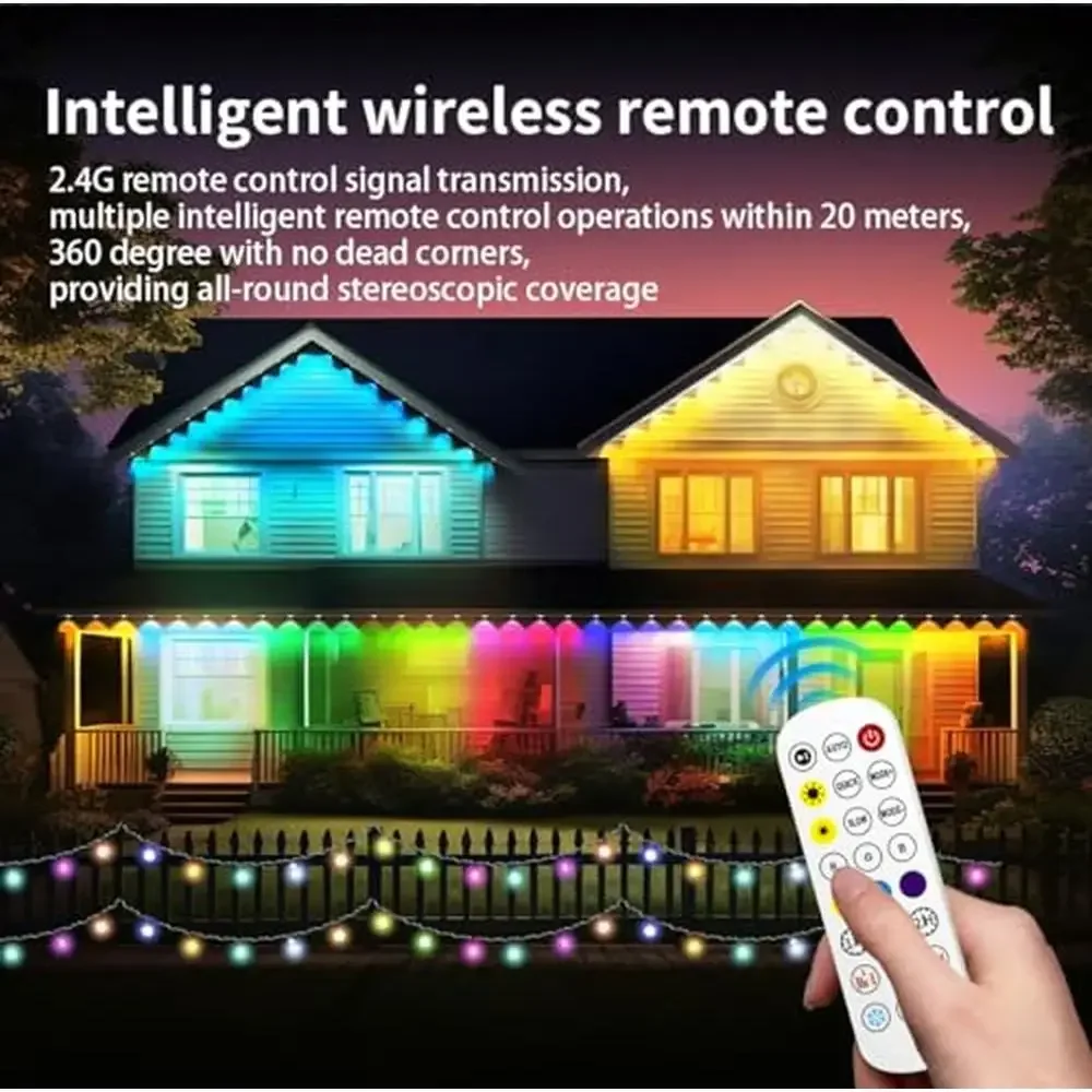 100FT Smart RGB IC Outdoor Eaves Lights App Remote Control 234 Dynamic Modes Waterproof Yard Patio Garage Music Sync Timer
