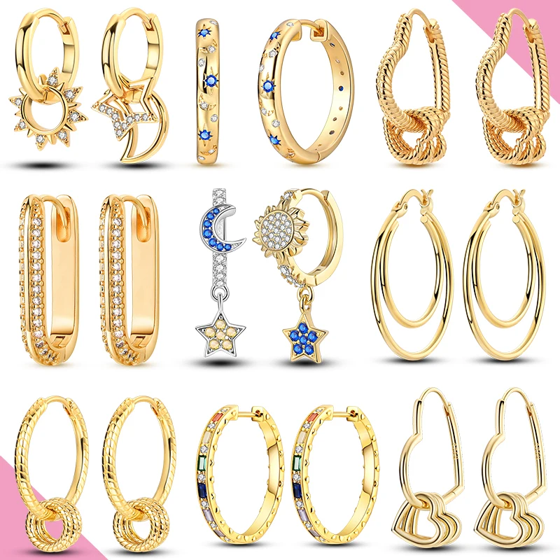 الأصلي 925 الفضة هوب الذهب القرط للمرأة القلب ستار القمر الزركون Pendientes الأزياء والمجوهرات #1