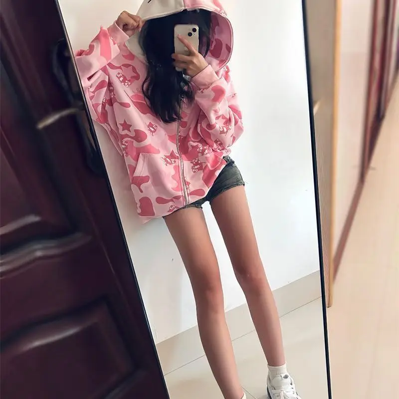 

Kawaii Hello Kitty Camo Zip Up Hoodie for Women, Cute Y2K Pink/green Camouflage Hooded Coat for Anime Streetwear Daily Outfit