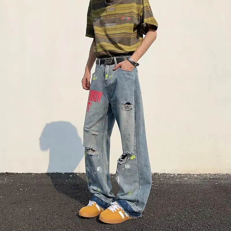 WTHT Fashion Men's Letter Print Hole Do Old Design Denim Pants Vintage High-waisted Wide Leg Jeans Male 2025 Autumn 2A1830