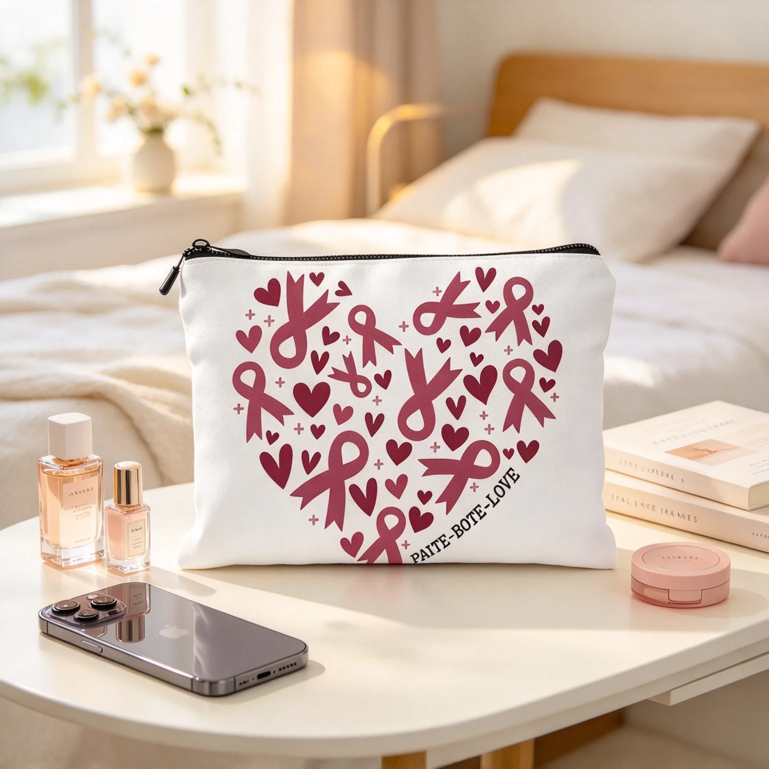 Pink Ribbon Heart Zipper Pouch, Breast Cancer Awareness Makeup Bag, Cute Love Heart Pattern Storage Bag, Gift for Women