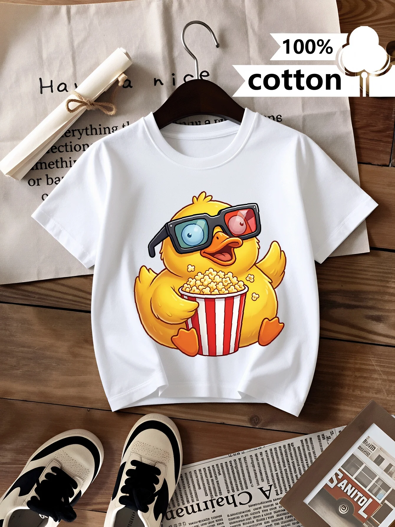 Duck Popcorn Short Sleeve T-shirt Summer Cotton Top Design Round Neck Casual Parent Child Daily Dressing