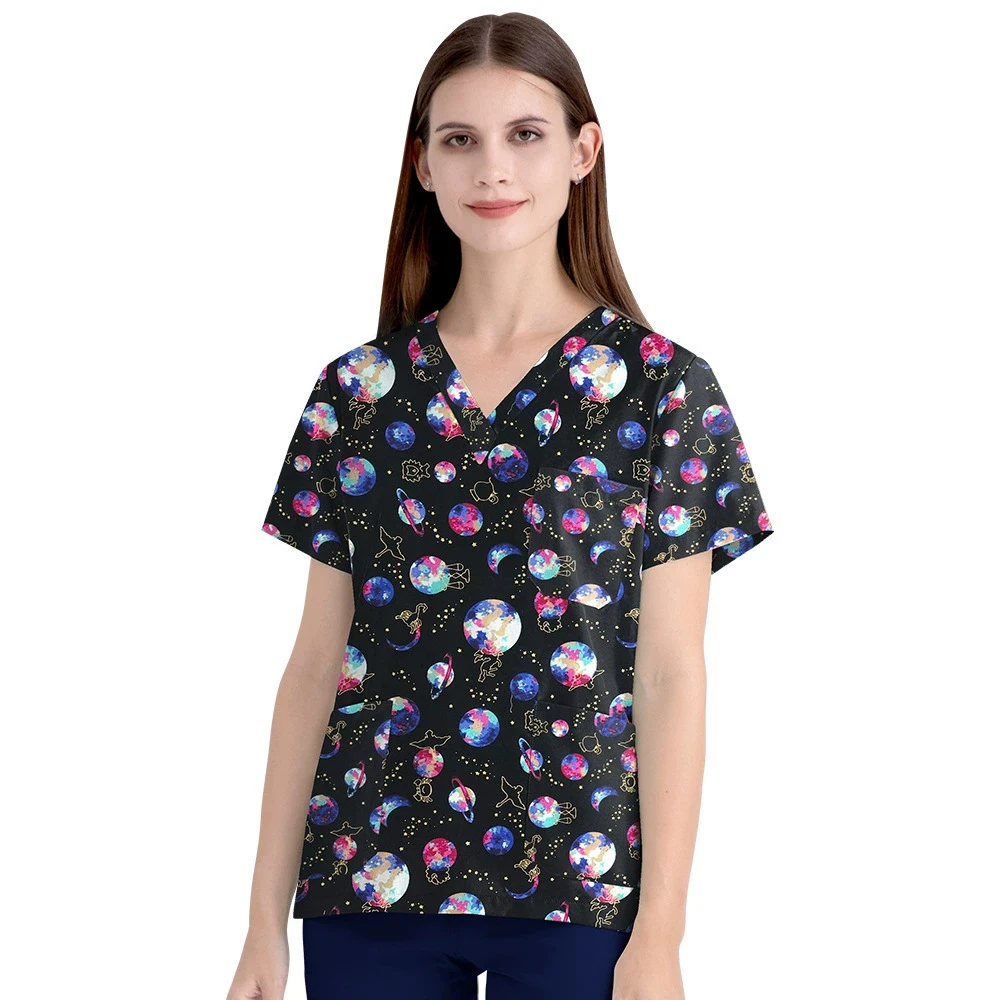 Scrub medico stampato a fumetti Top 100% puro cotone con scollo a V Uniformi chirurgiche ospedaliere Uniforme clinica per salone di bellezza Enfermeria