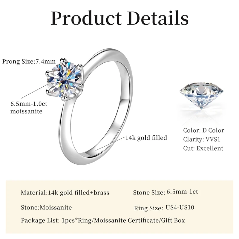 Lnngy 6.5mm 1ct Round Cut Moissanite Solitaire Ring With Certificate for Women Girls Sparkling Stackable Wedding Bands Gift