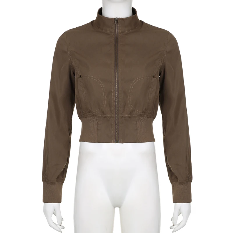 SUCHCUTE Vintage Damen Cropped Bomberjacke mit durchgehendem Reißverschluss, Stehkragen, langen Ärmeln, Fronttaschen, Slim Fit, Y2K Streetwear Mantel, schick – Detail 5