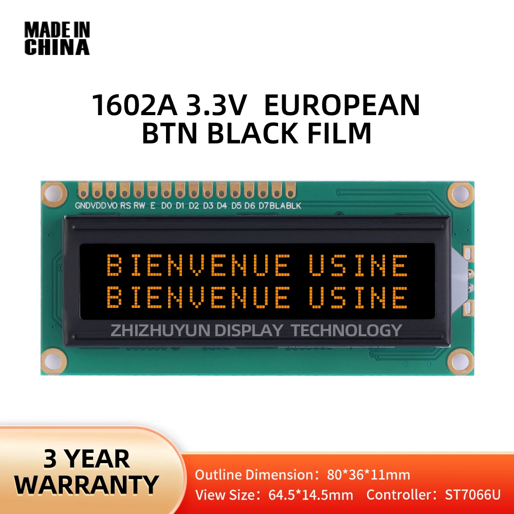 1602a 3.3V Europese Lcd Module Btn Zwarte Film Oranje Originele St7066u Chip 80*36Mm Ondersteuning Oplossing Ontwikkeling 1.5 Inch