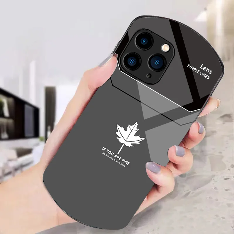 Far Peak Blue Maple Leaf For Iphone 11 12 13 14 15 Pro Max Plus Mini 7 8 Se 2020 X Xs Xr Elliptical Tempered Glass Phone Case