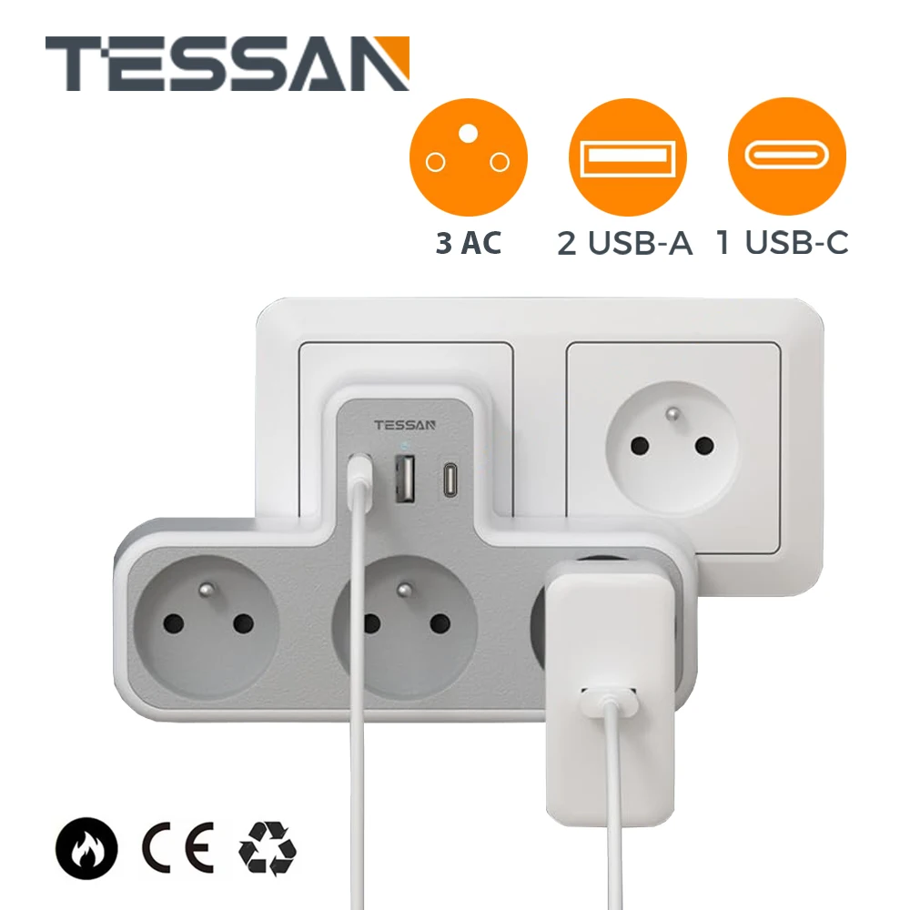 TESSAN 6 w 1 przedłużacz gniazdo wielokrotne listwy zasilającej z 3 gniazdami francuskimi i 3 USB (1 USB C), naścienna na USB ładowarka do domu,