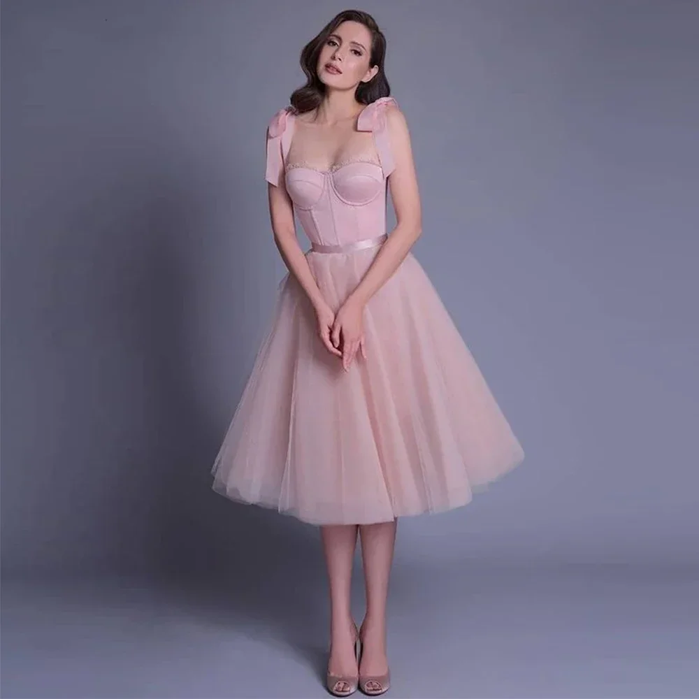 Customized Pink Evening Dresses 2023 Spaghetti Strap Eleglant Bow Sweetheart Princess Prom Gowns Custom Made Tea-Length Vestido