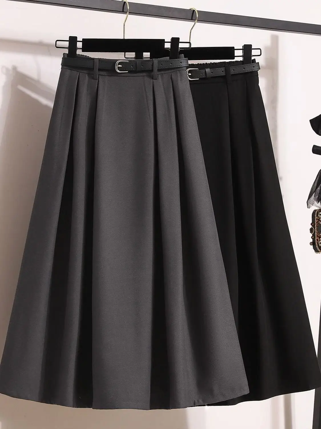 

Gray Suiting Skirt Spring Summer Plaid A-Line Midi Skirt Pear Shape Casual High Waist Polyester Fiber Korean Style Commute