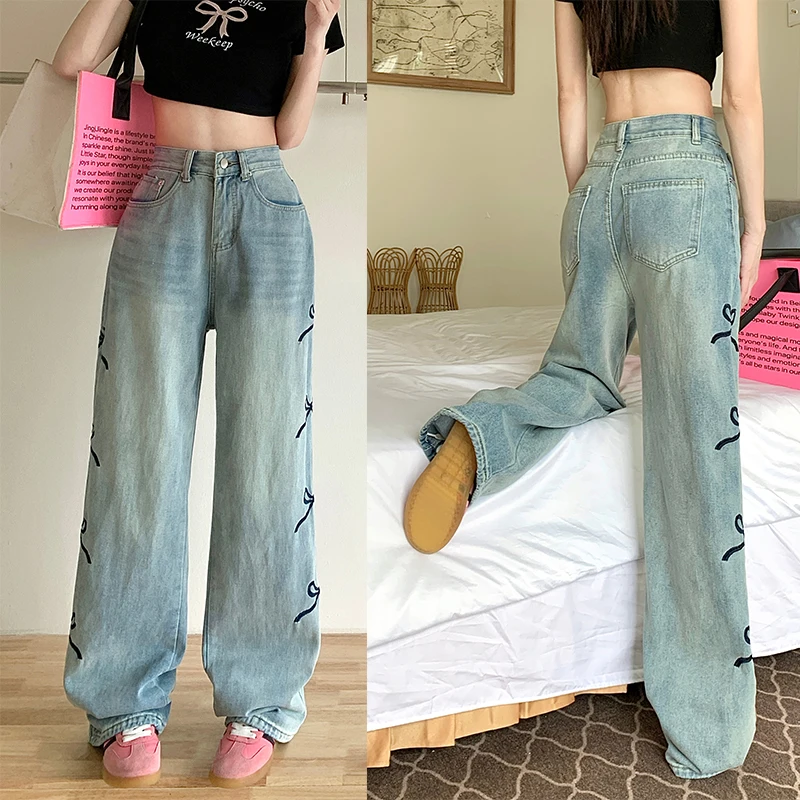 

Woman American High Waist Wide Leg Jeans Female High Street Bow Knot Embroidery Pants Girls Designer Light Blue Denim Trousers