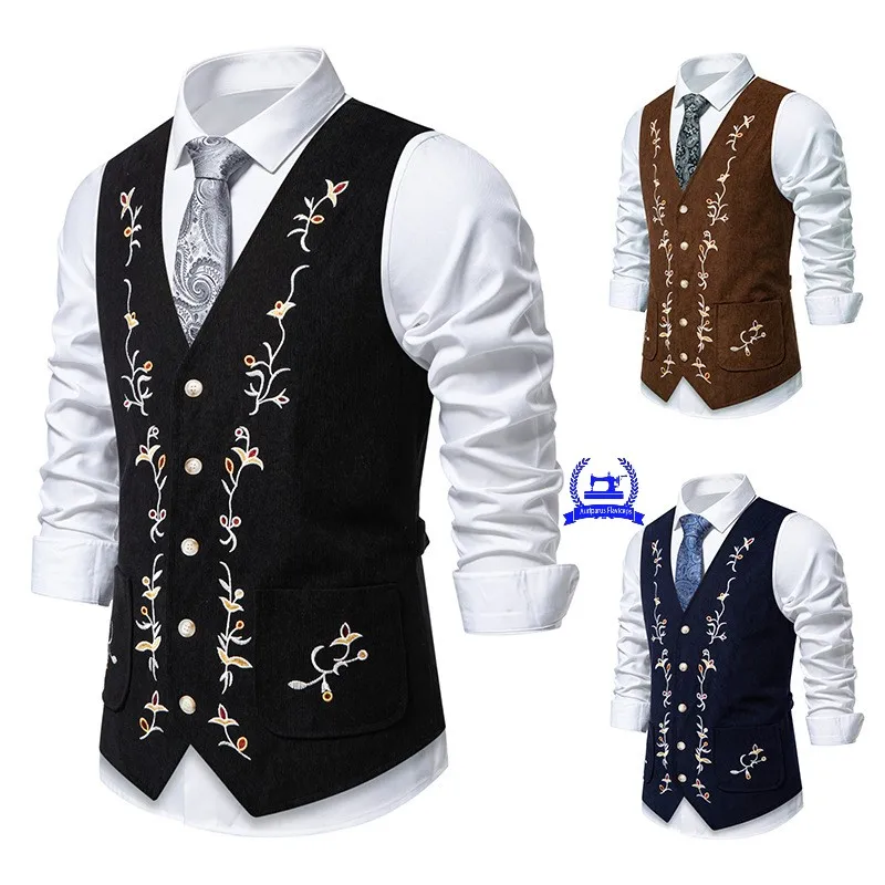 Herren-Weste aus Cord mit Blumenmuster, formelle Westen, 3-farbige Anzüge, Weste mit Revers im V-Stil