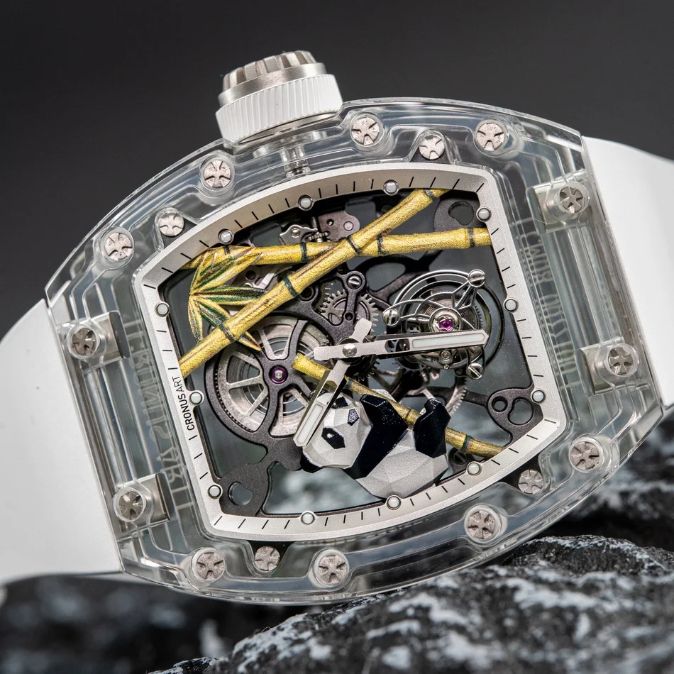 CRONUSART Männer Tourbillon Uhr Tonneau Automatische Mechanische Armbanduhr Saphir Fall Leucht Fluororubber Strap Skeleton Panda