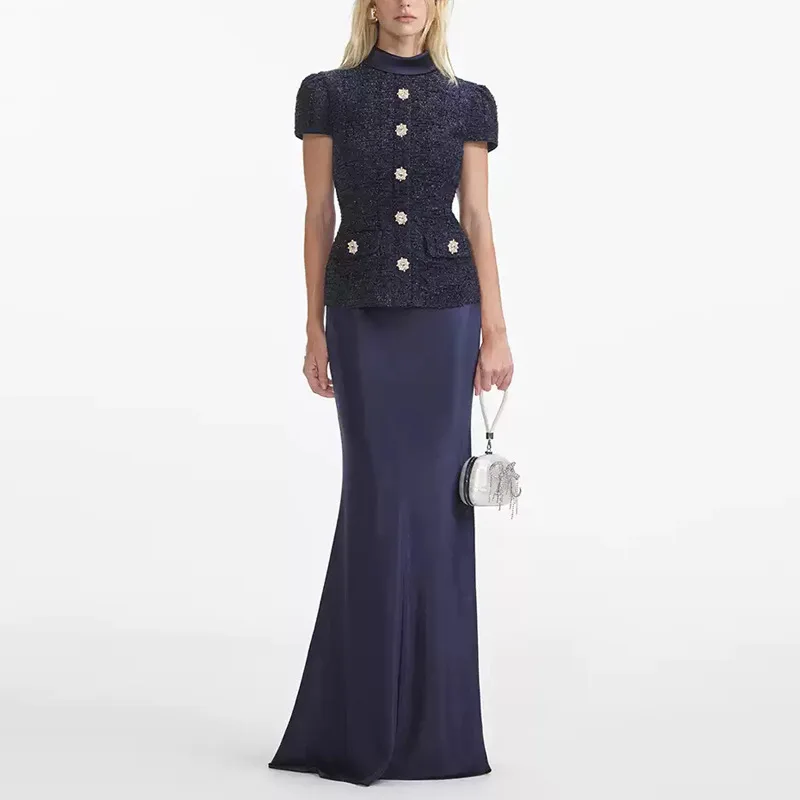 

Matching Sets Navy Blue Chanel-Style Elegant Womens Suit Tweed Blazer with Satin Midi Skirt Dress Sets Two Piece Sets