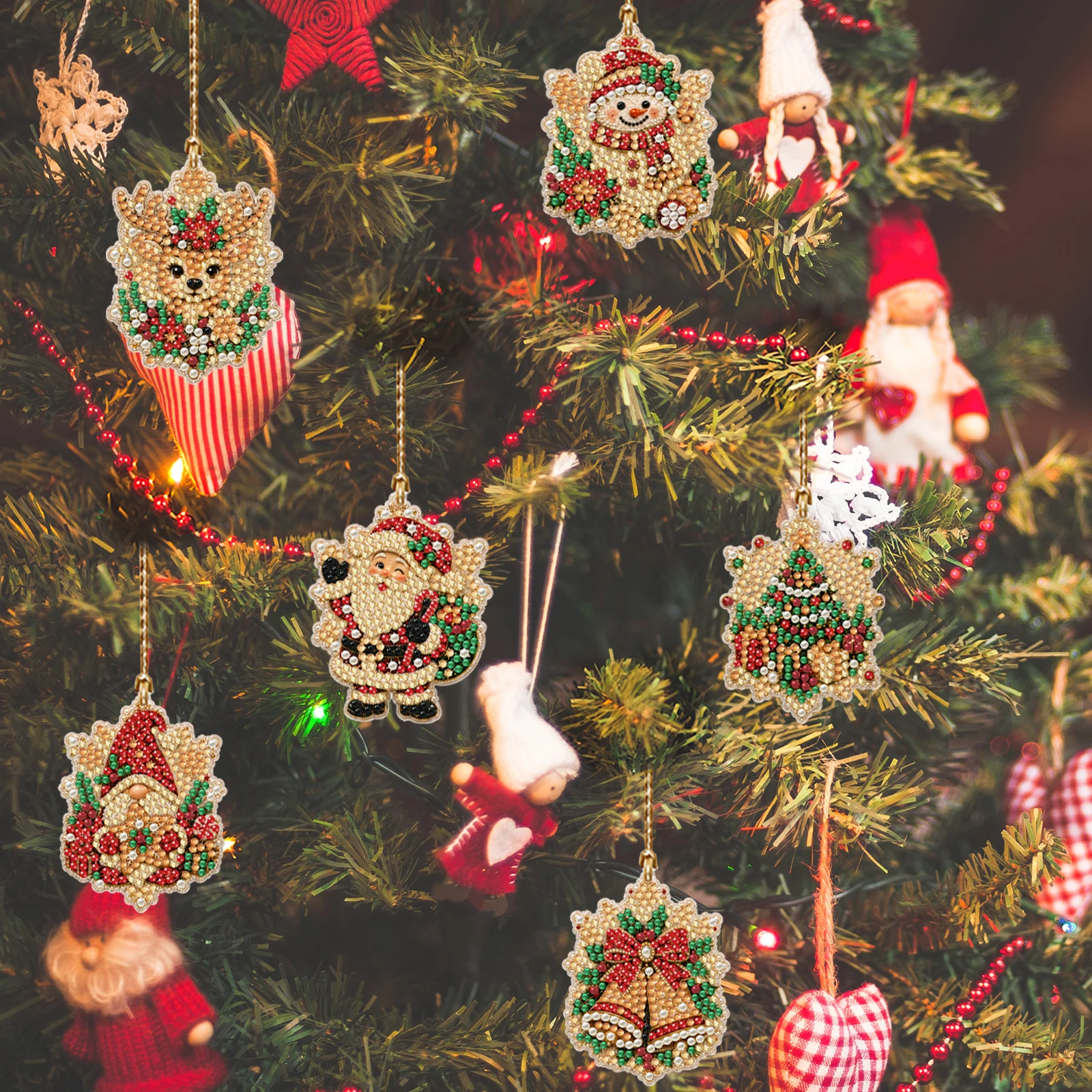DIY Diamond Painting Christmas Ornaments 6pcs Wooden Round Pendants Resin Gem Holiday Decor Kit
